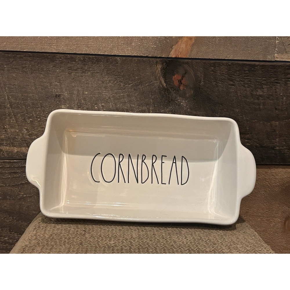 RAE DUNN Country White/Black Ceramic Cornbread 9x5Loaf‎ Casserole Baking Dish